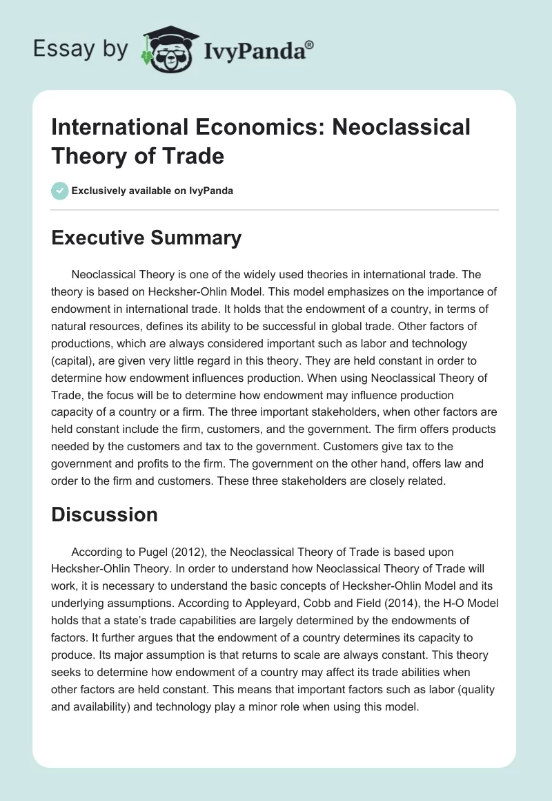 International Economics: Neoclassical Theory of Trade. Page 1