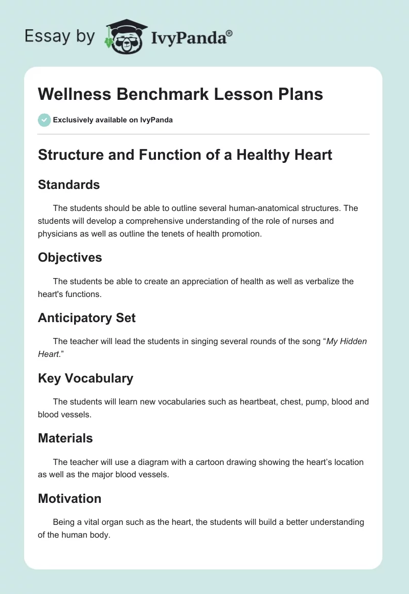 Wellness Benchmark Lesson Plans. Page 1