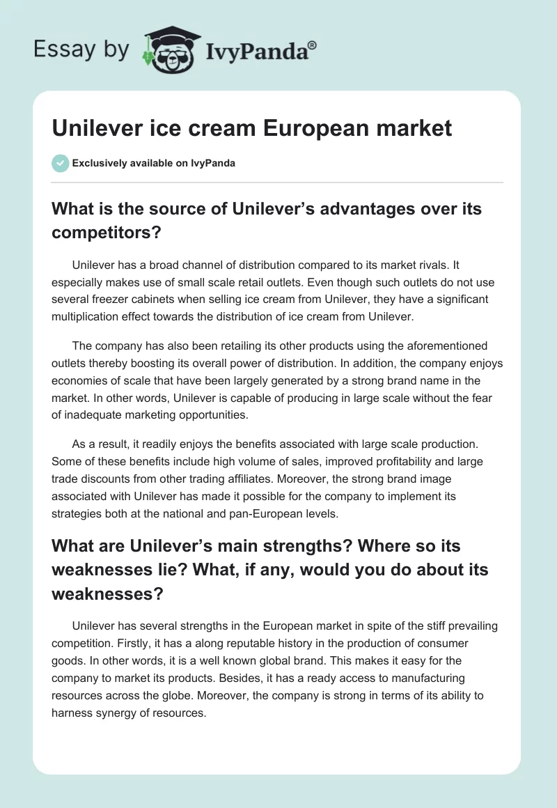 Unilever Ice Cream European Market. Page 1