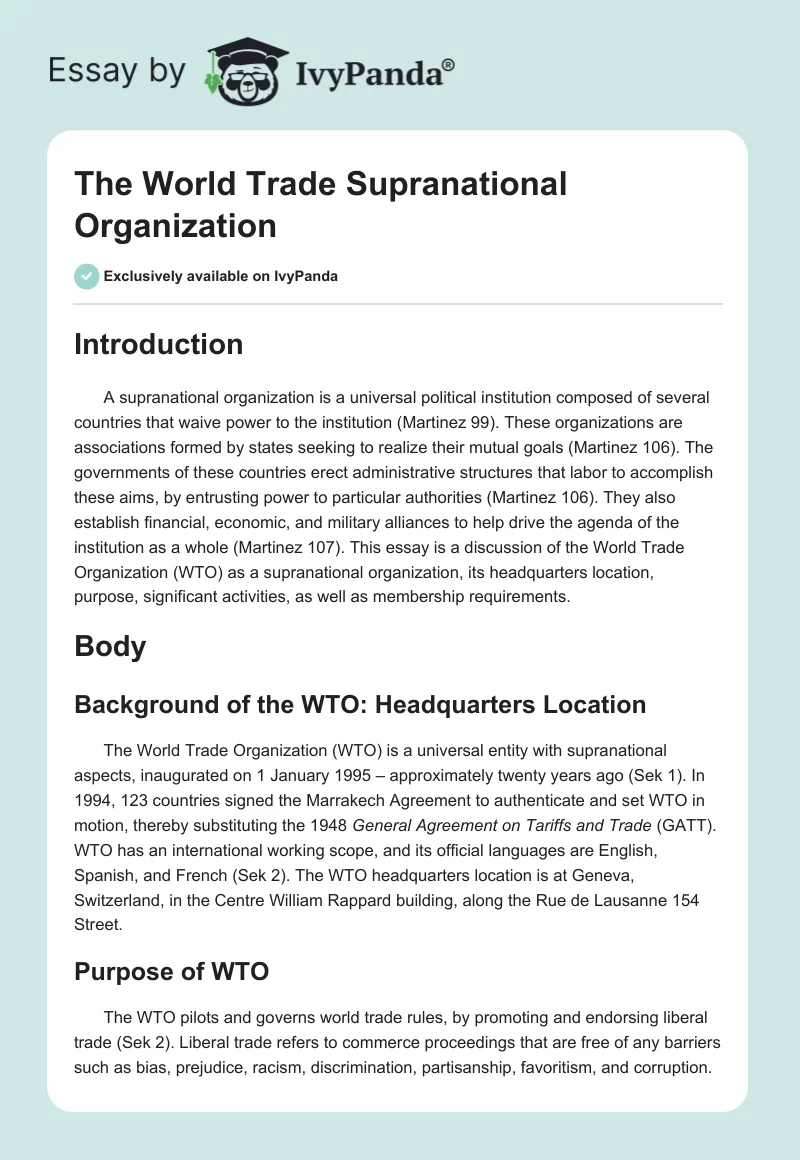 The World Trade Supranational Organization. Page 1