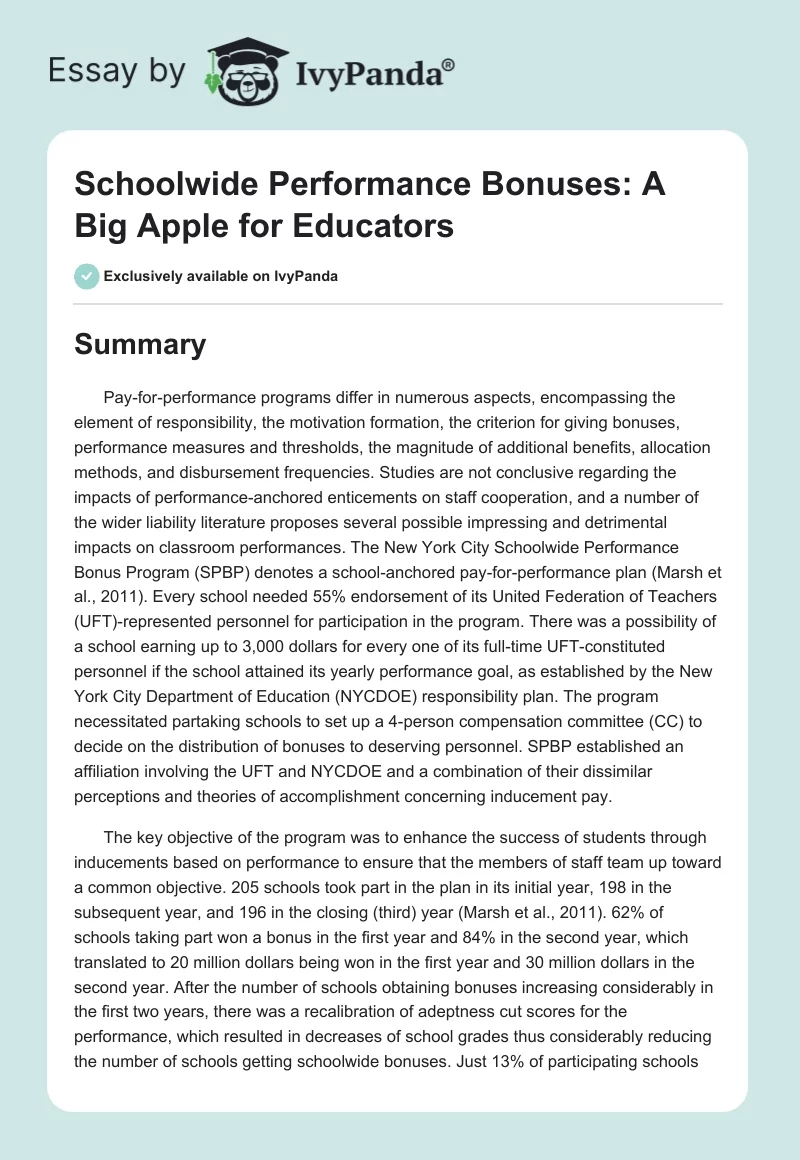 Schoolwide Performance Bonuses: A Big Apple for Educators. Page 1