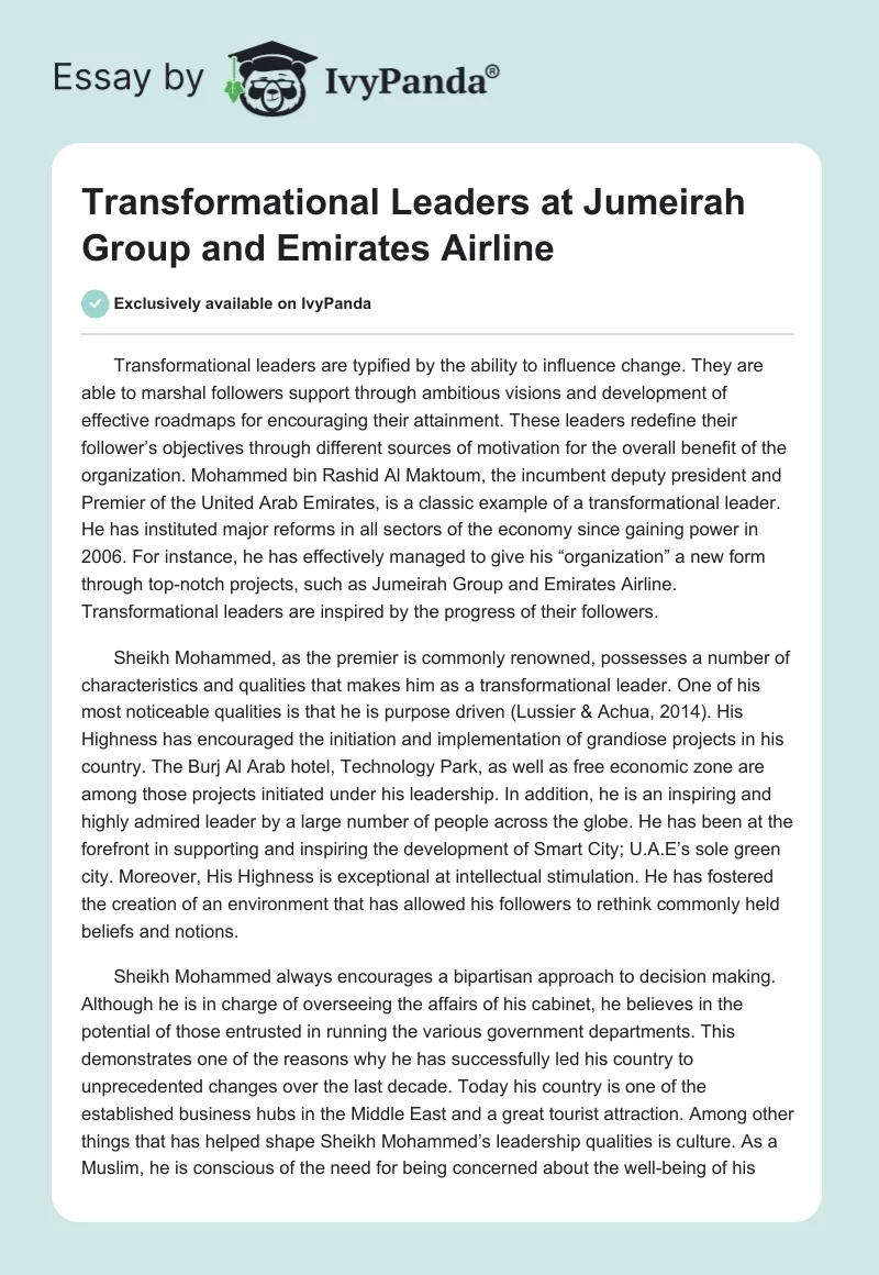 Transformational Leaders at Jumeirah Group and Emirates Airline. Page 1
