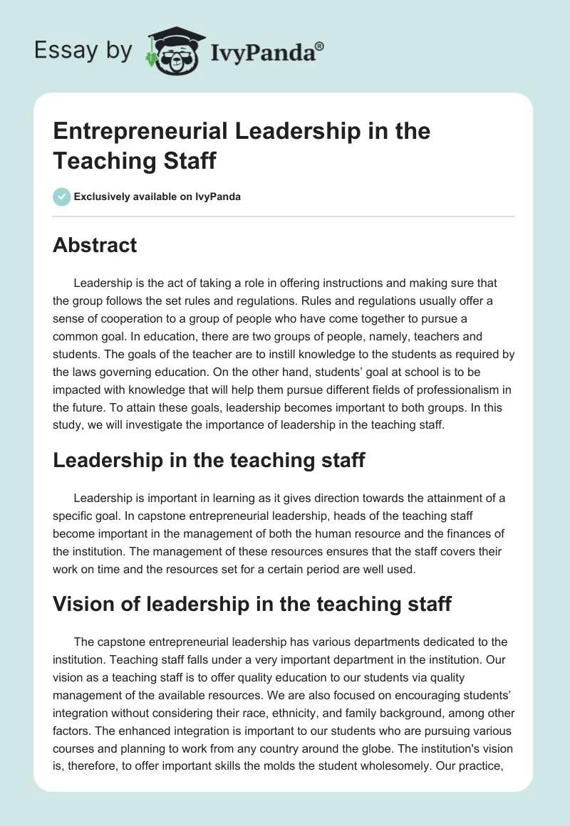Entrepreneurial Leadership in the Teaching Staff. Page 1