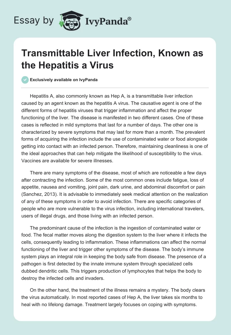 Transmittable Liver Infection, Known as the Hepatitis a Virus. Page 1