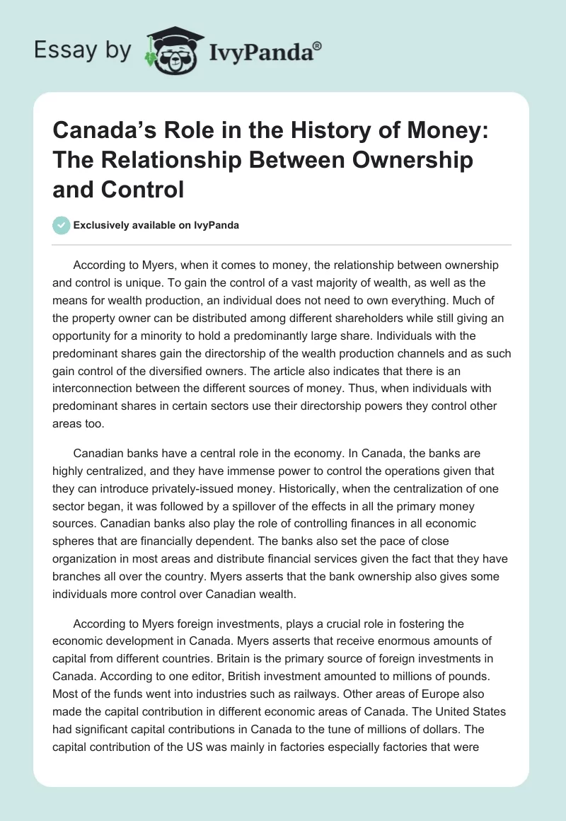 Canada’s Role in the History of Money: The Relationship Between Ownership and Control. Page 1