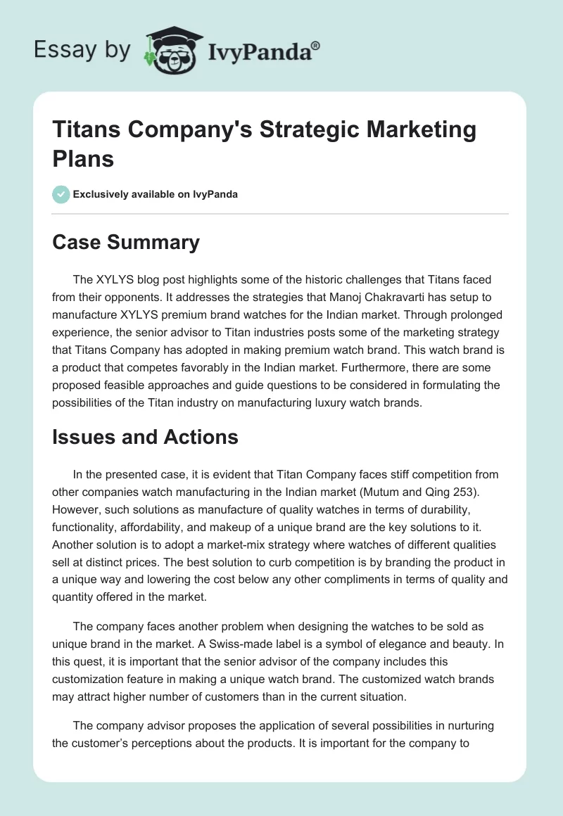 Titans Company's Strategic Marketing Plans. Page 1