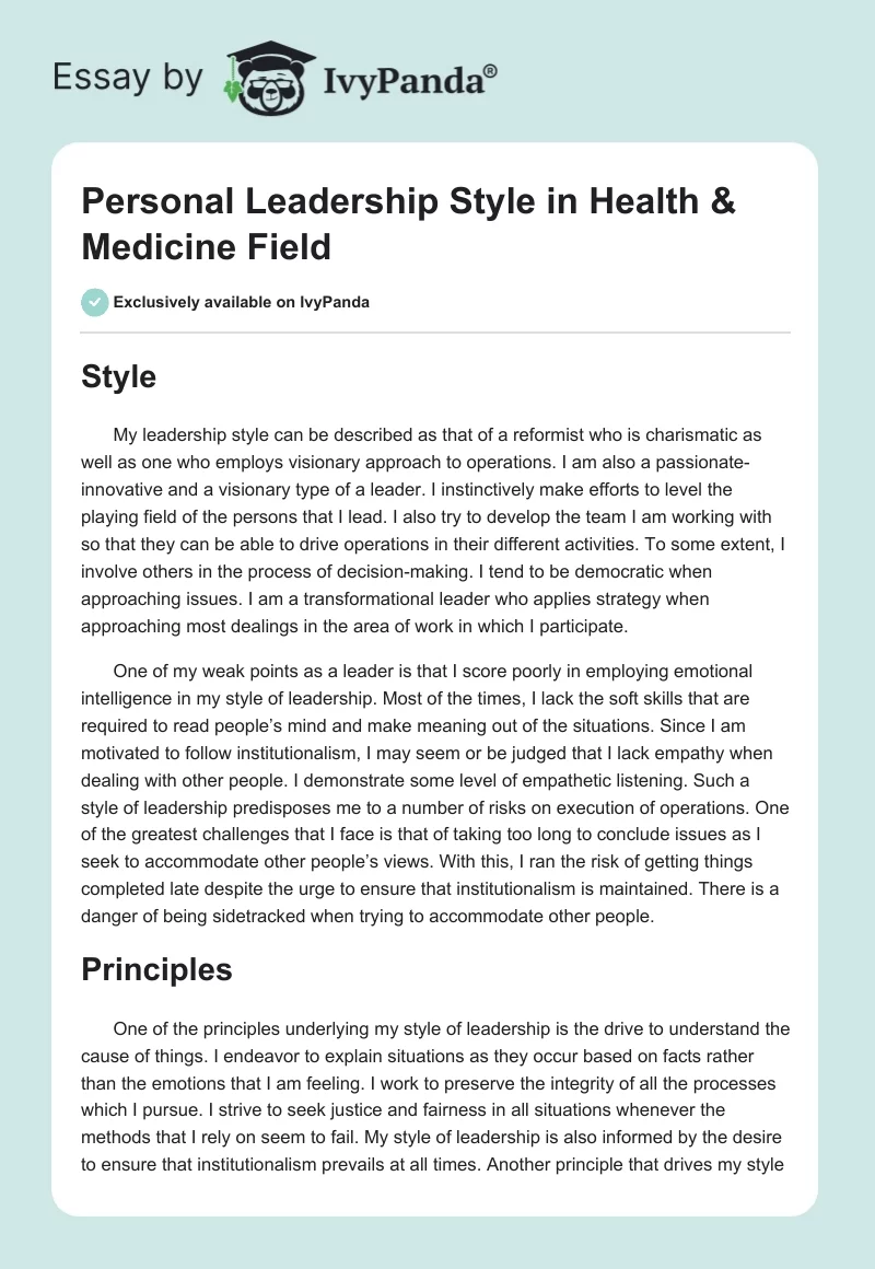 Personal Leadership Style in Health & Medicine Field. Page 1