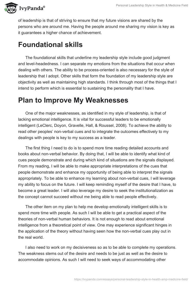 Personal Leadership Style in Health & Medicine Field. Page 2