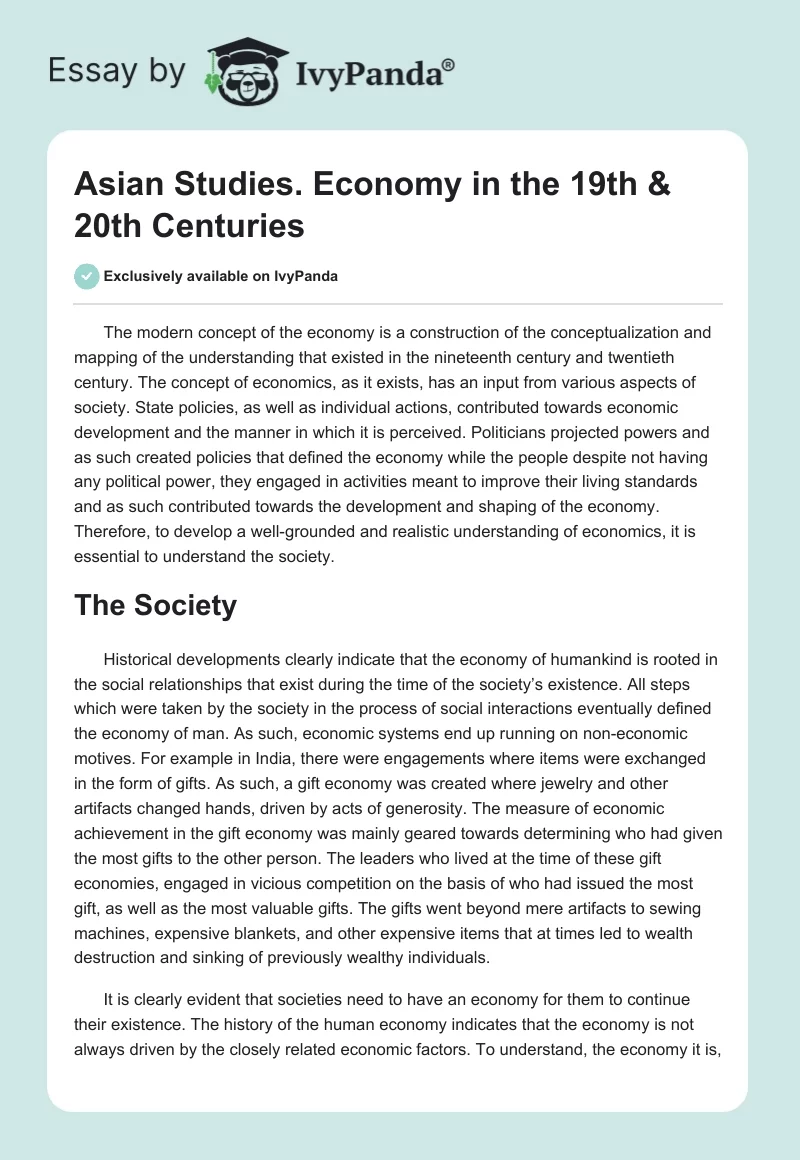 Asian Studies. Economy in the 19th & 20th Centuries. Page 1
