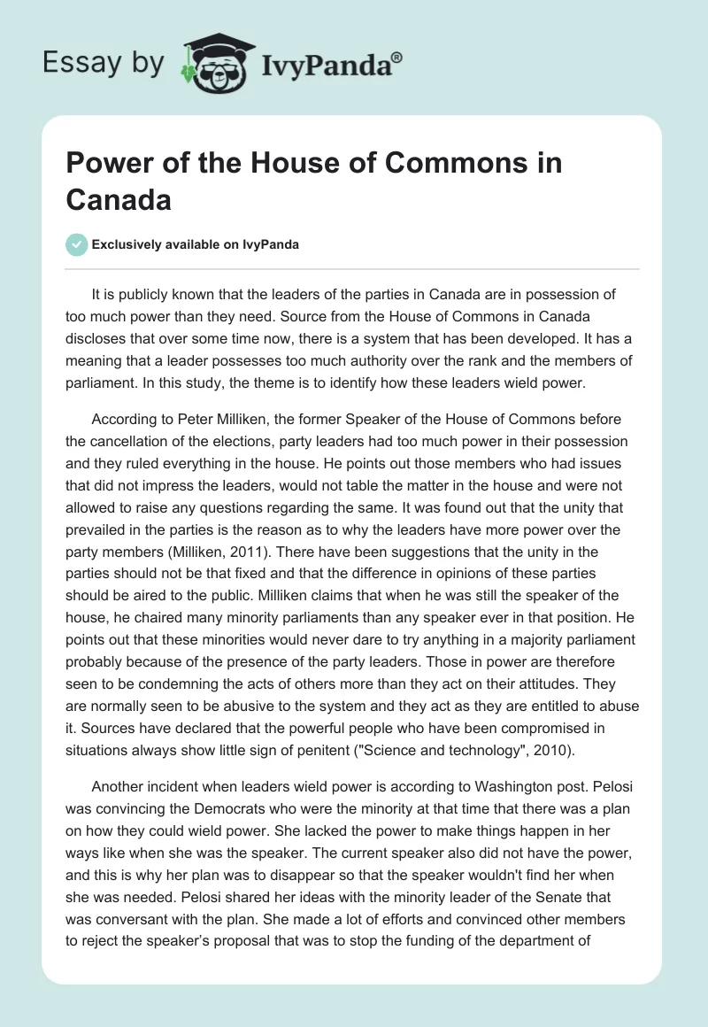 Power of the House of Commons in Canada. Page 1