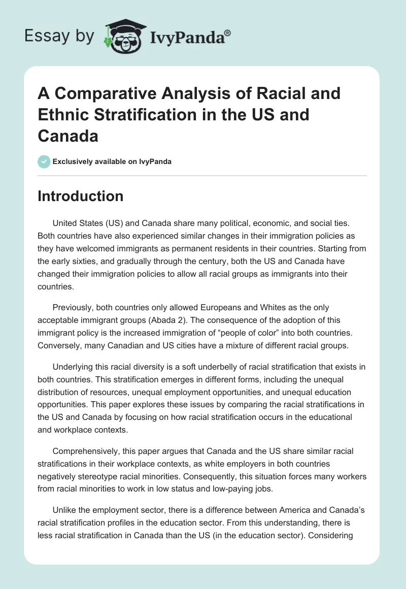 A Comparative Analysis of Racial and Ethnic Stratification in the US and Canada. Page 1