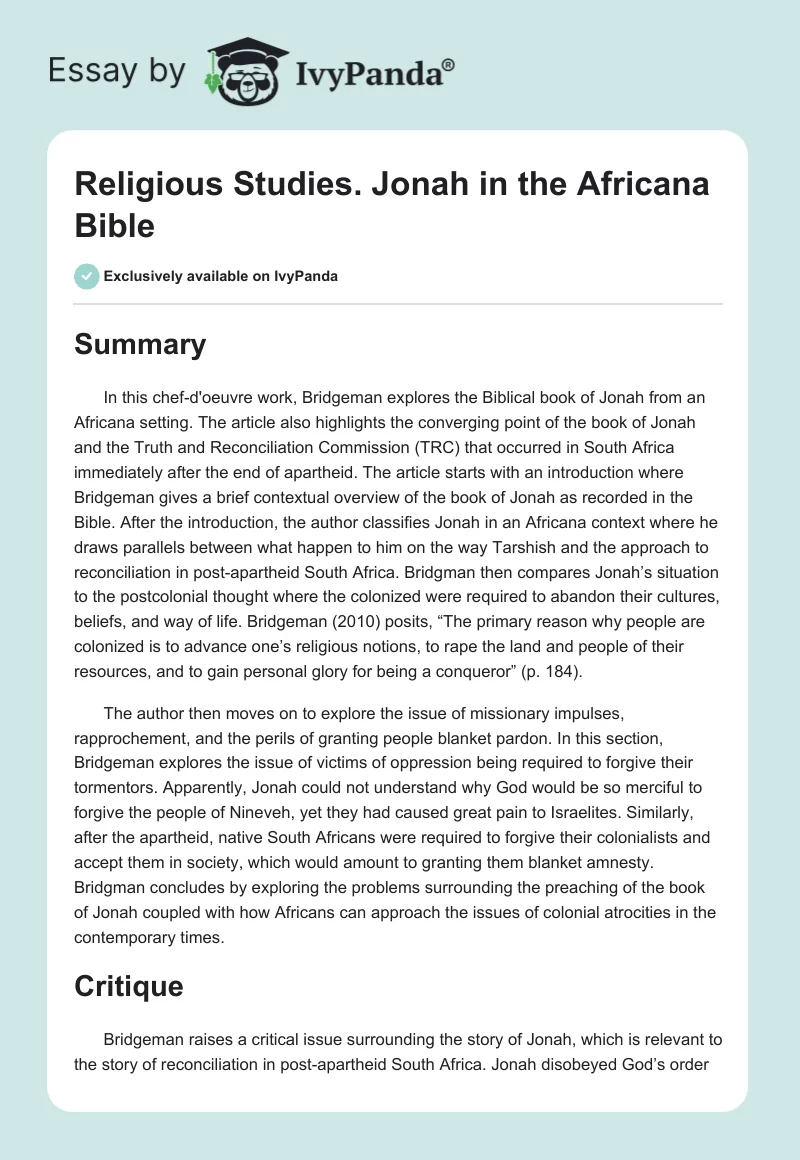 Religious Studies. Jonah in the Africana Bible. Page 1