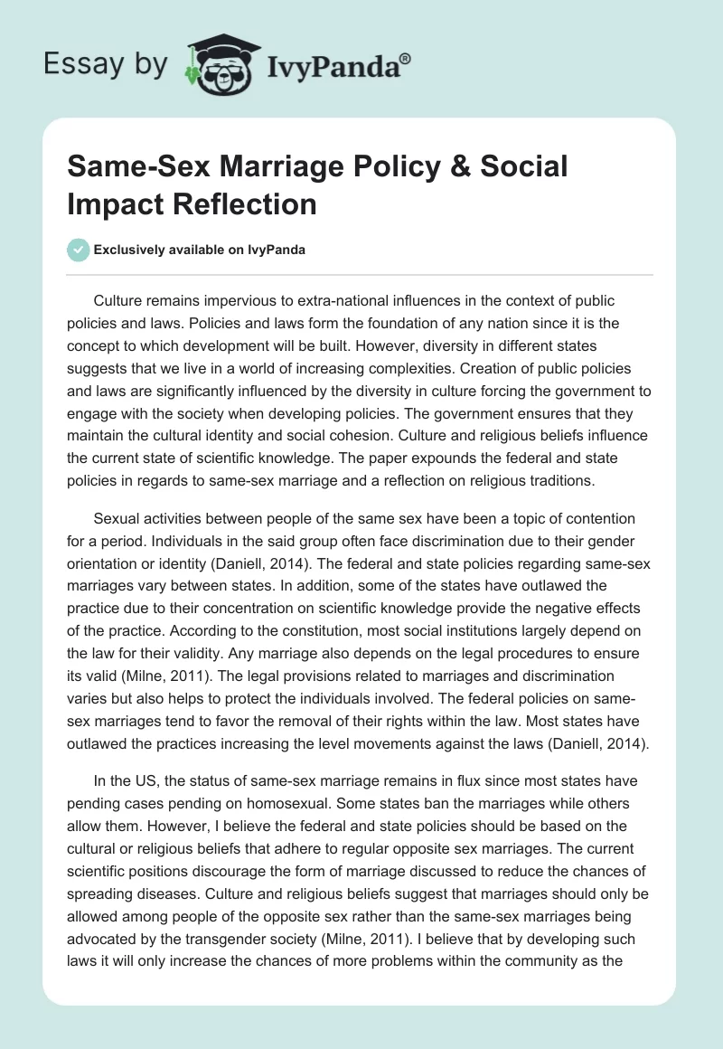 Same-Sex Marriage Policy & Social Impact Reflection. Page 1