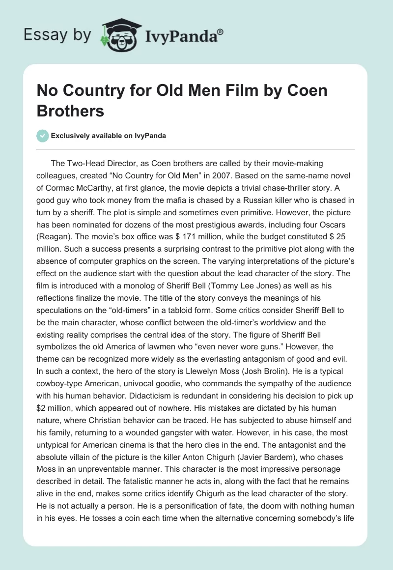 "No Country for Old Men" Film by Coen Brothers. Page 1