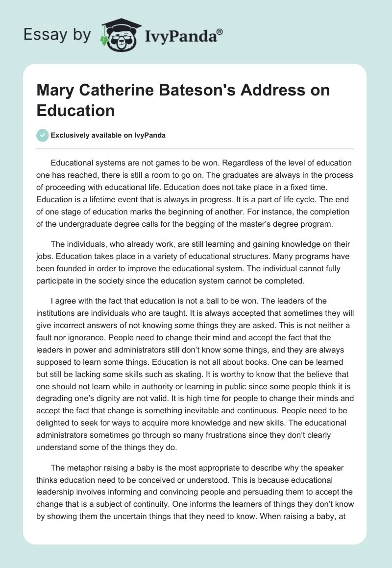 Mary Catherine Bateson's Address on Education. Page 1