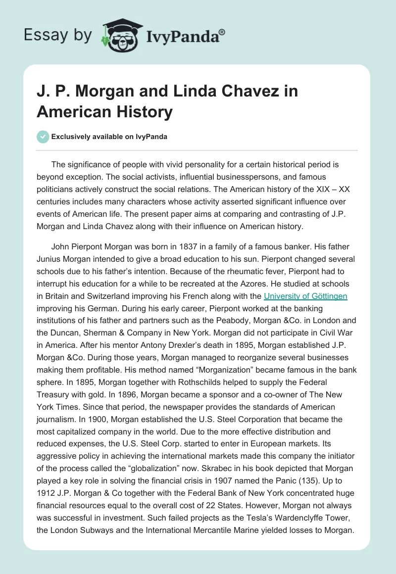 J. P. Morgan and Linda Chavez in American History. Page 1