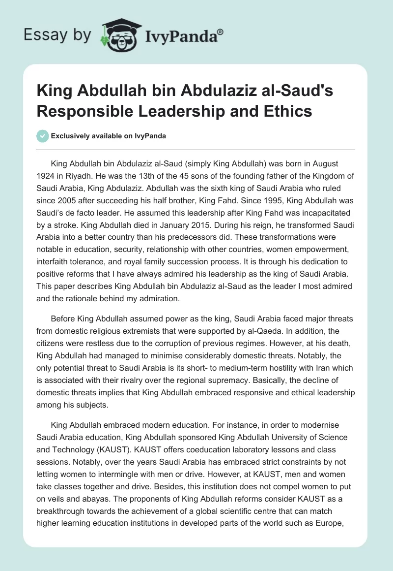 King Abdullah bin Abdulaziz al-Saud's Responsible Leadership and Ethics. Page 1