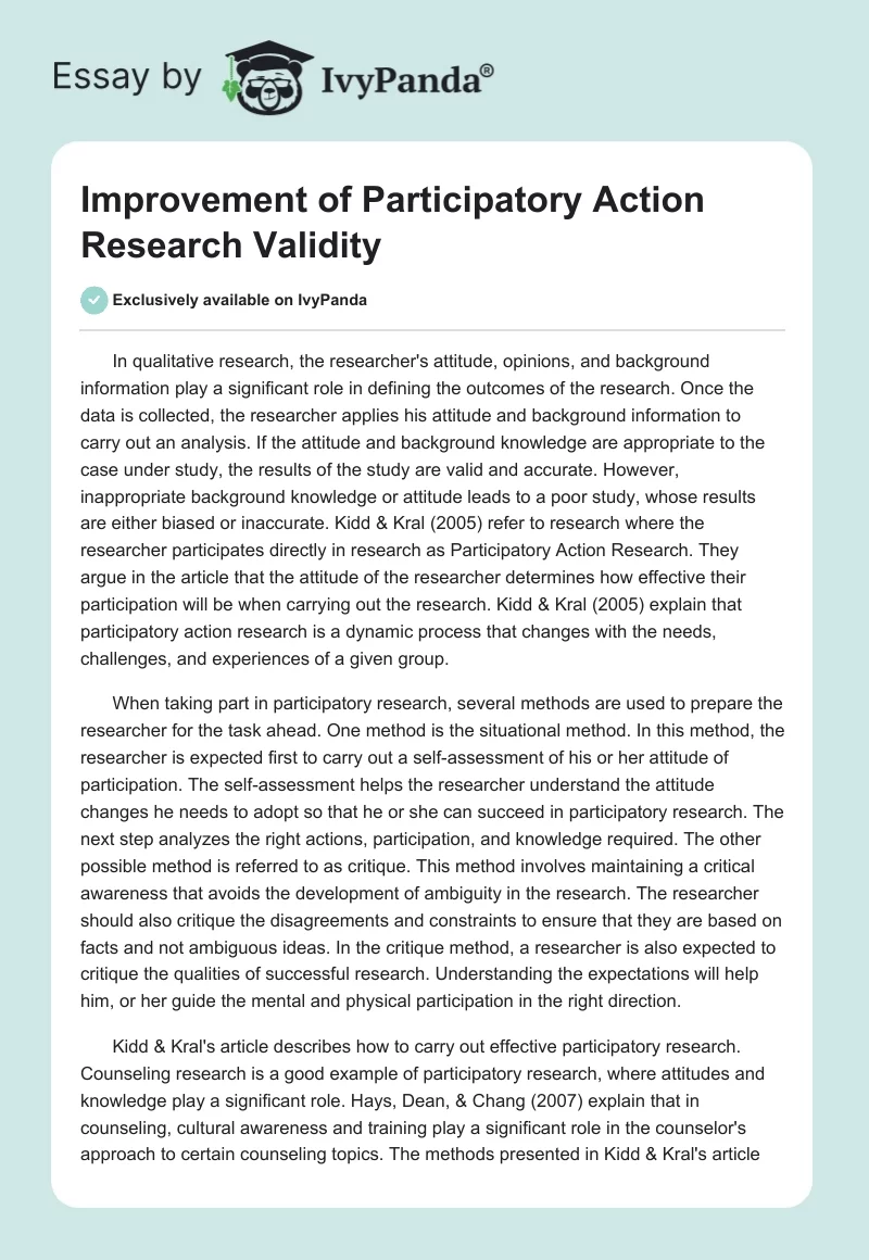 Improvement of Participatory Action Research Validity. Page 1