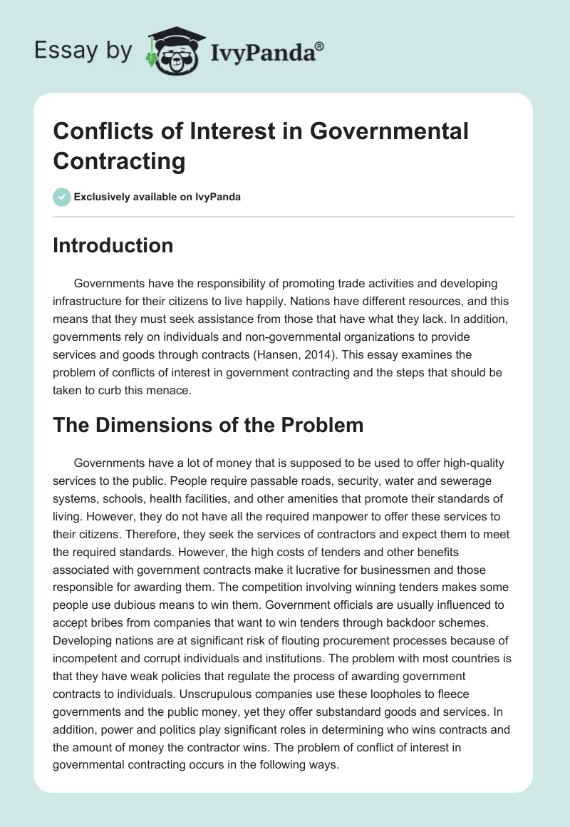 Conflicts of Interest in Governmental Contracting. Page 1