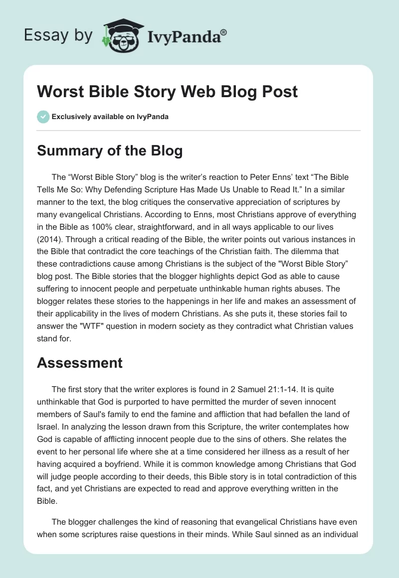 "Worst Bible Story" Web Blog Post. Page 1