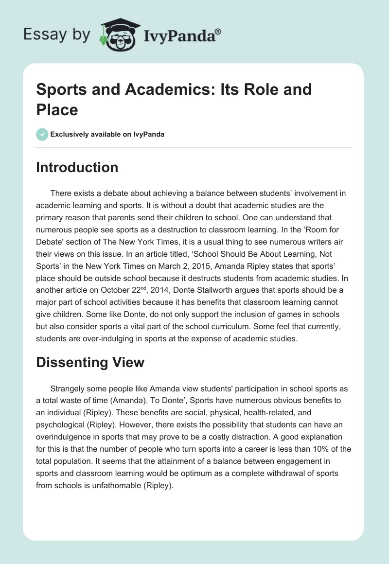 Sports and Academics: Its Role and Place. Page 1