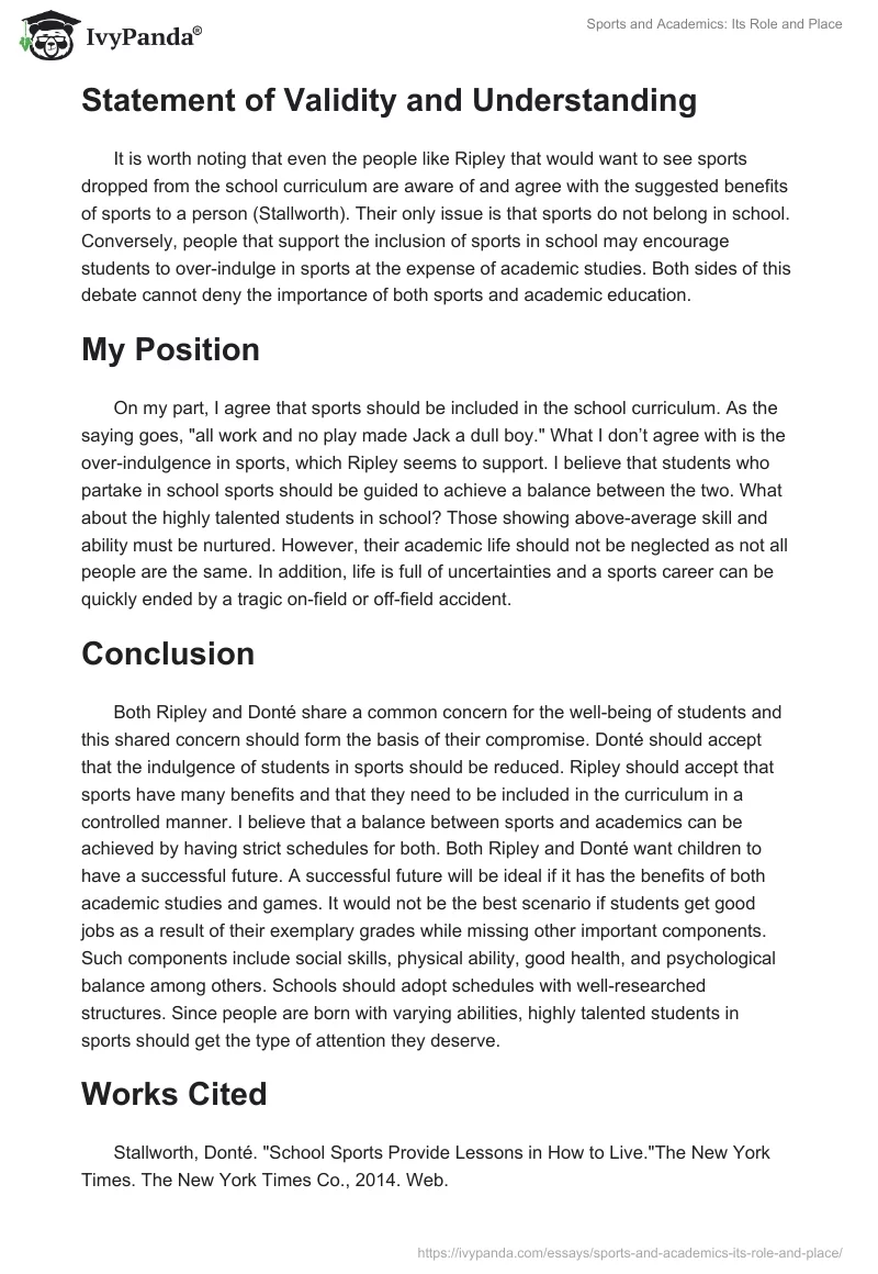 Sports and Academics: Its Role and Place. Page 2