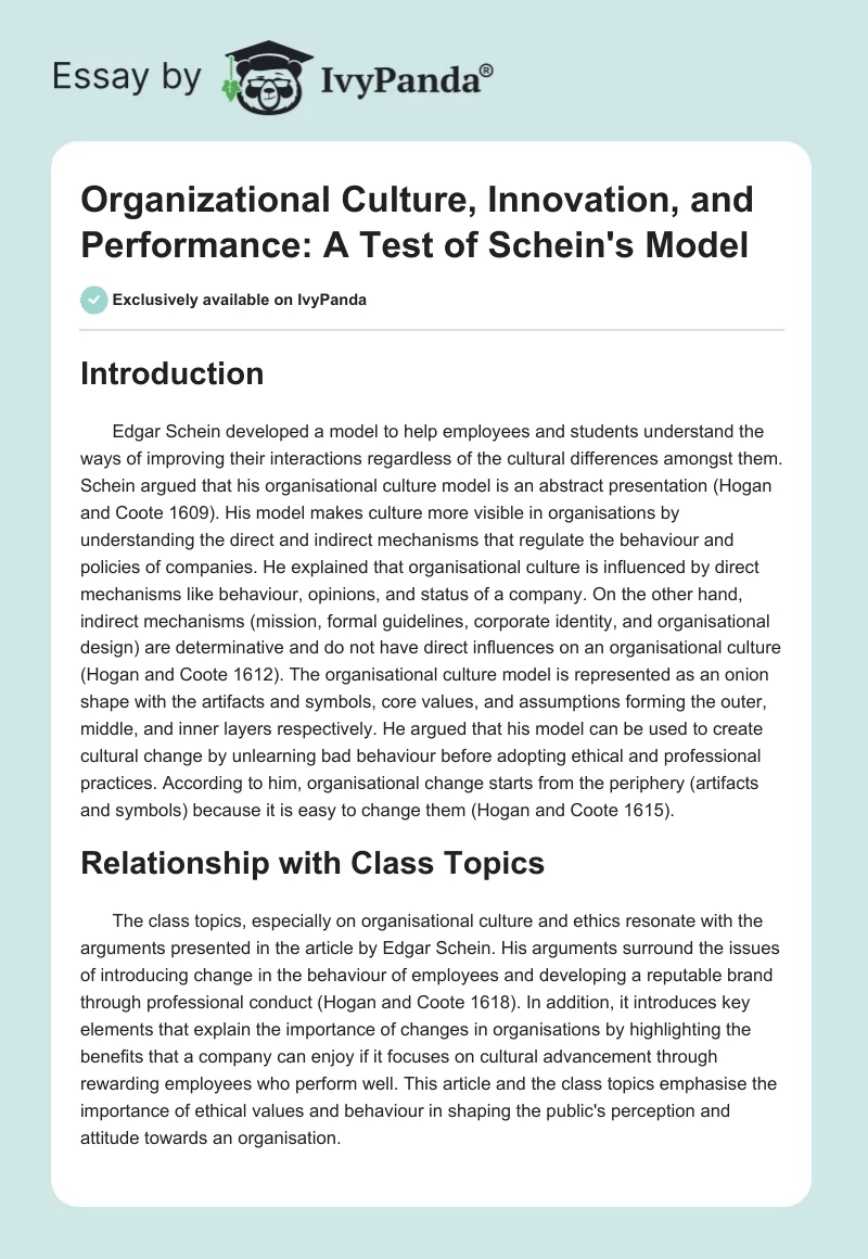 Organizational Culture, Innovation, and Performance: A Test of Schein's Model. Page 1