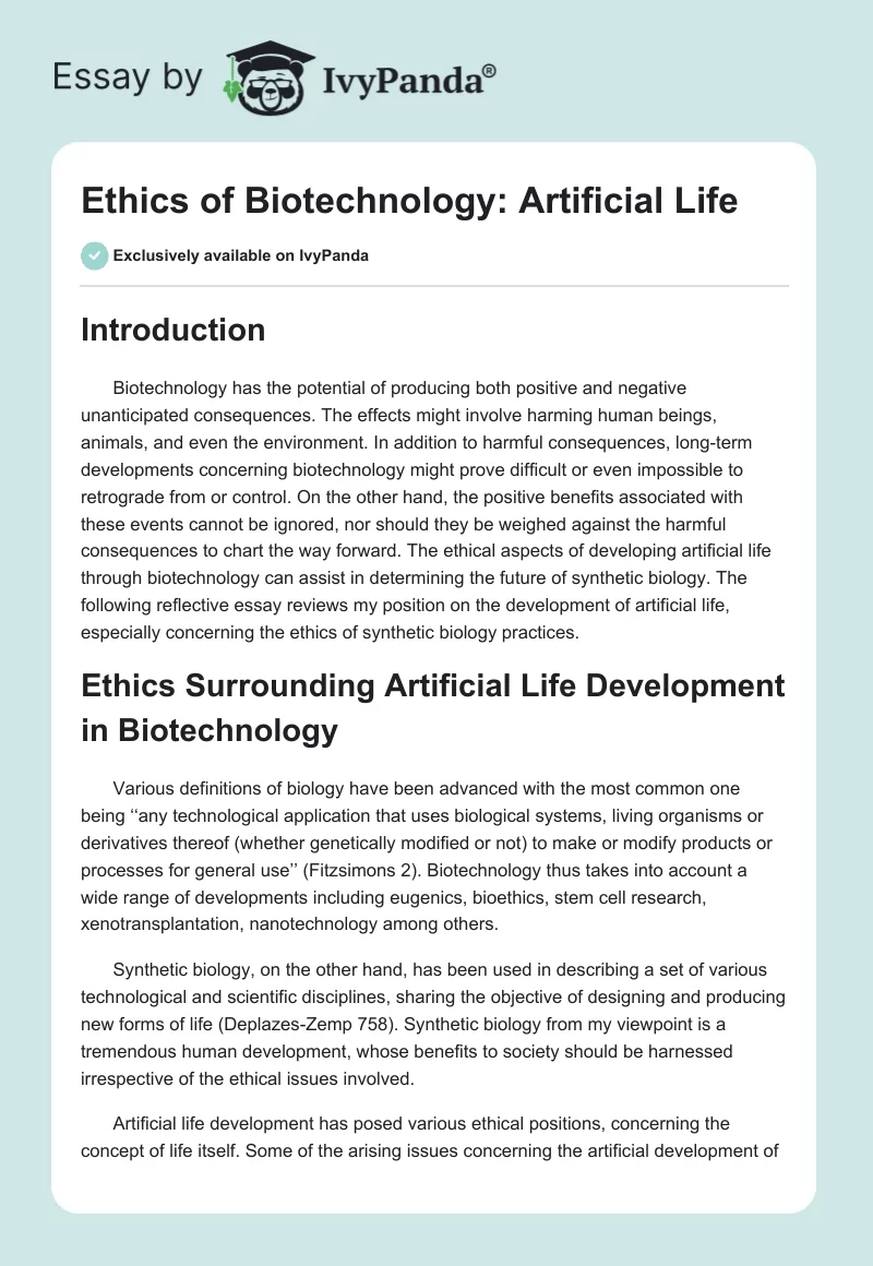 Ethics of Biotechnology: Artificial Life. Page 1