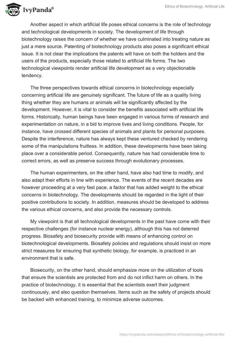 Ethics of Biotechnology: Artificial Life. Page 3