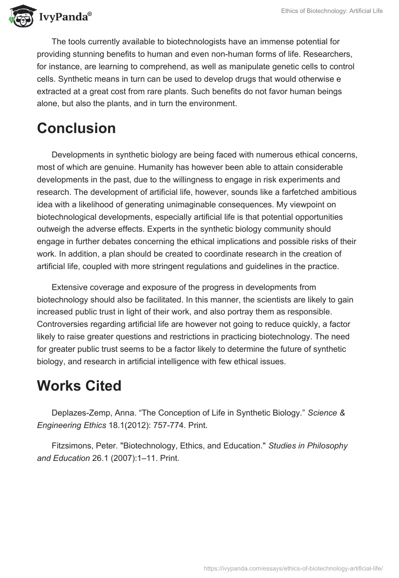Ethics of Biotechnology: Artificial Life. Page 4