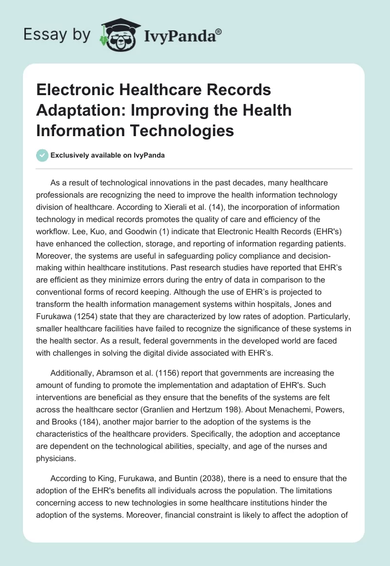 Electronic Healthcare Records Adaptation: Improving the Health Information Technologies. Page 1