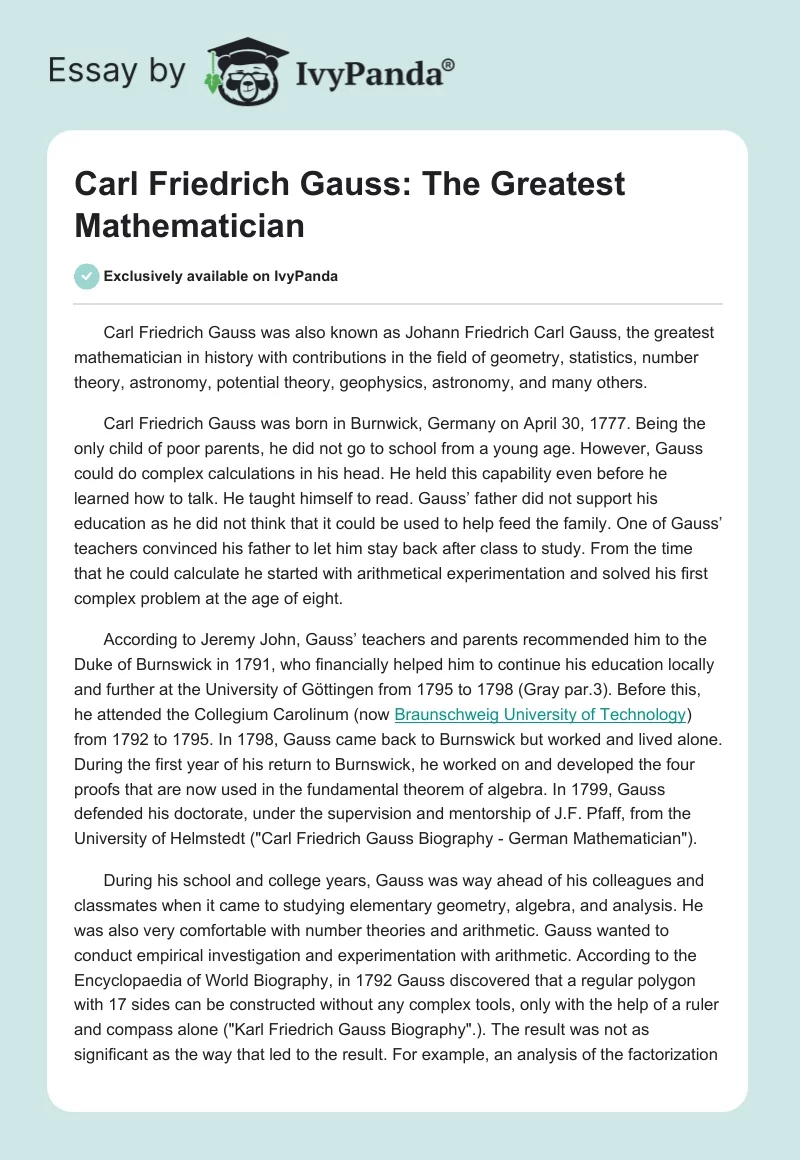 Carl Friedrich Gauss: The Greatest Mathematician. Page 1