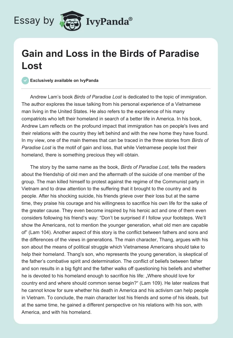 Gain and Loss in the "Birds of Paradise Lost". Page 1