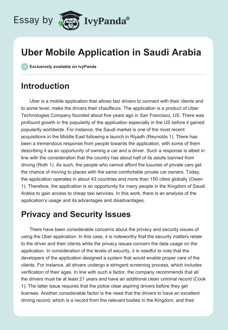 Uber Mobile Application in Saudi Arabia. Page 1