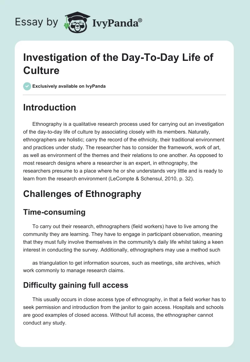 Investigation of the Day-To-Day Life of Culture. Page 1