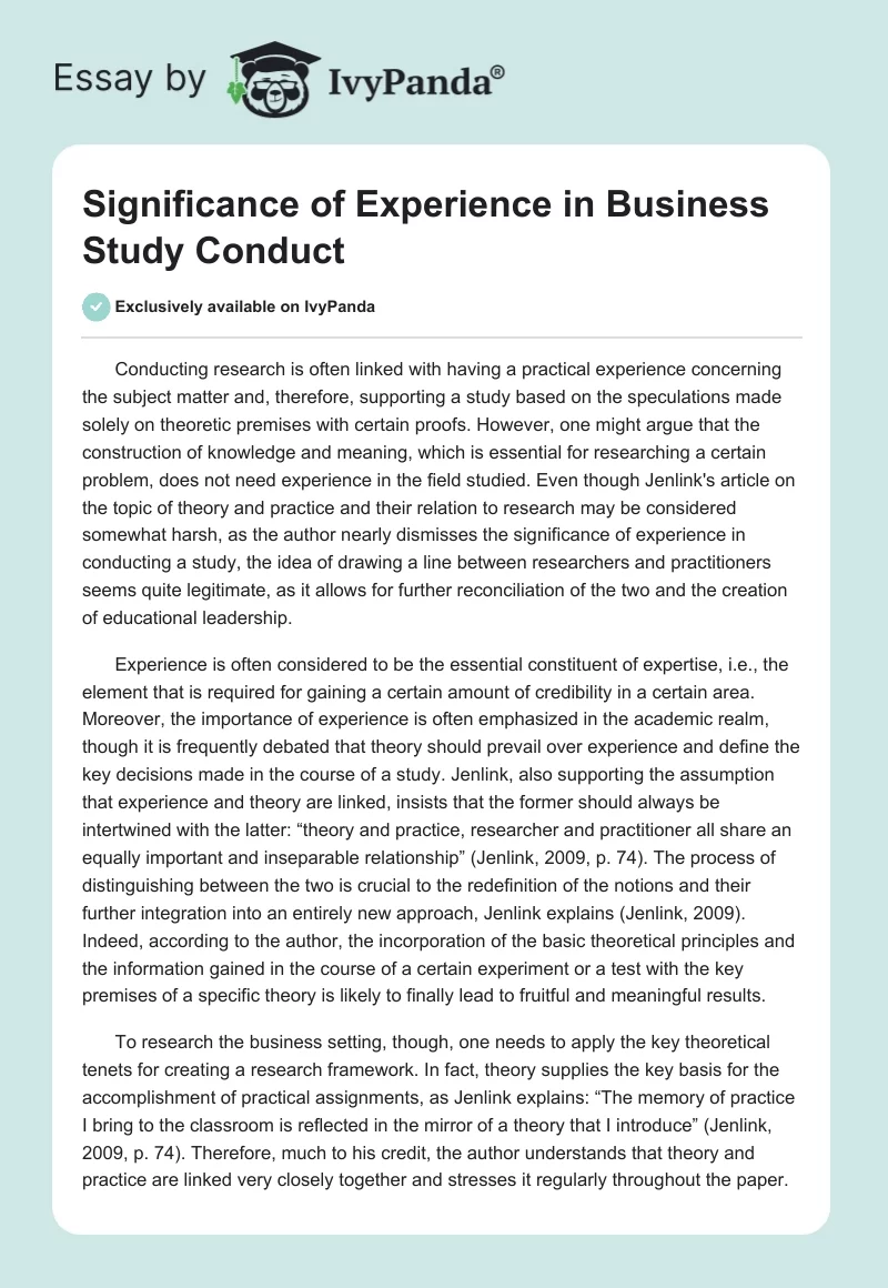 Significance of Experience in Business Study Conduct. Page 1