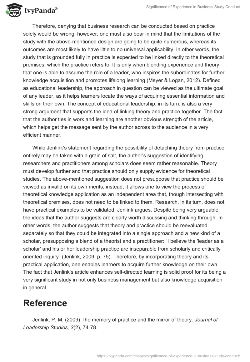 Significance of Experience in Business Study Conduct. Page 2