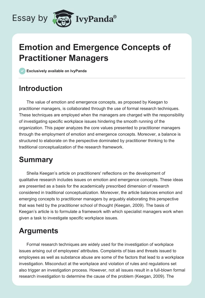 Emotion and Emergence Concepts of Practitioner Managers. Page 1