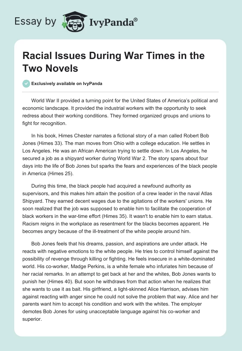 Racial Issues During War Times in the Two Novels. Page 1