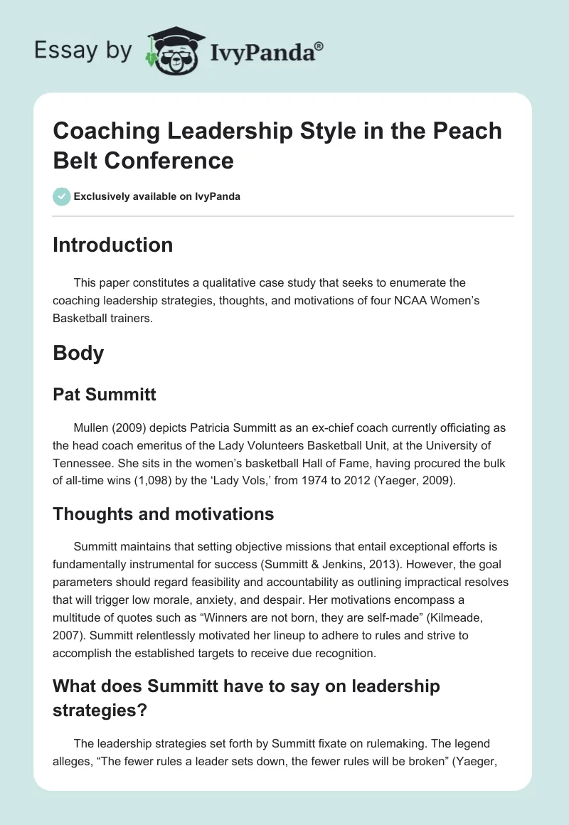 Coaching Leadership Style in the Peach Belt Conference. Page 1