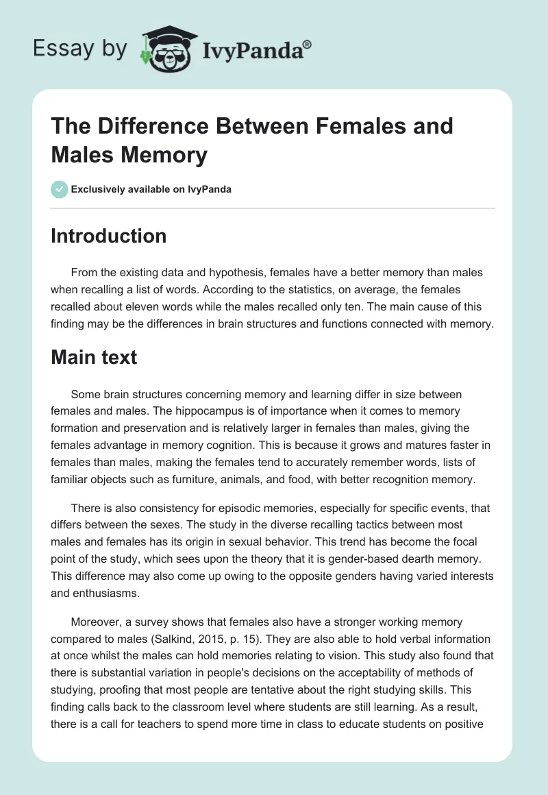 The Difference Between Females and Males Memory. Page 1