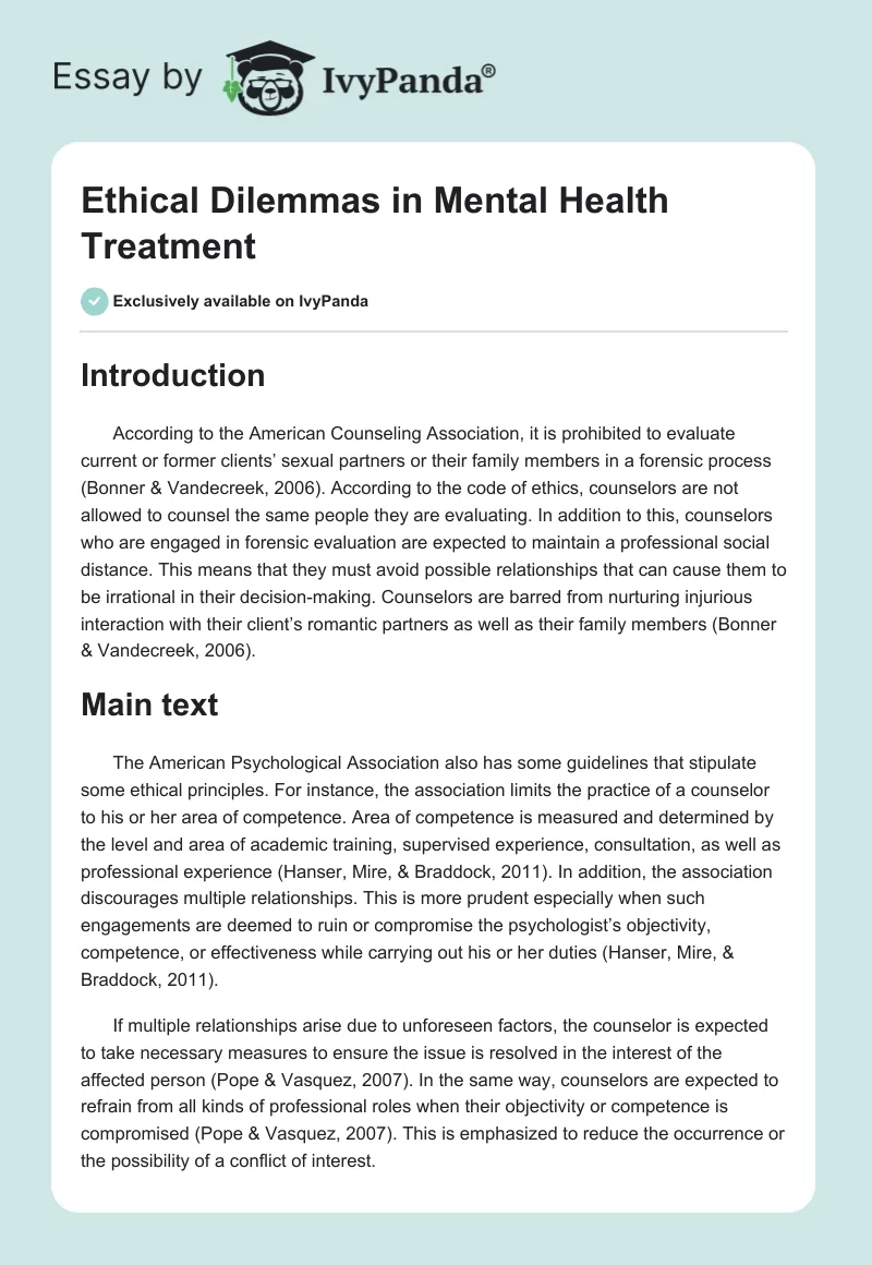Ethical Dilemmas in Mental Health Treatment. Page 1