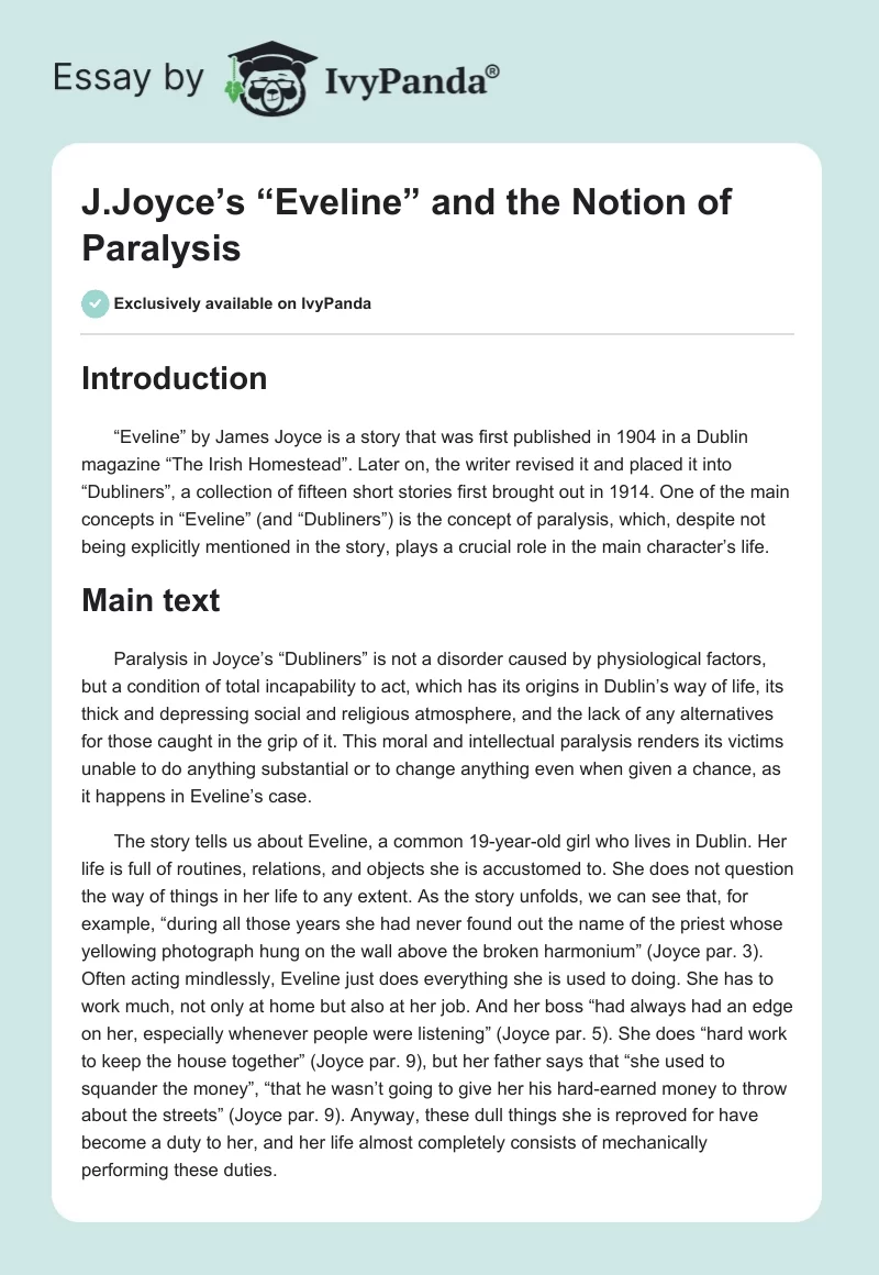 J.Joyce’s “Eveline” and the Notion of Paralysis. Page 1