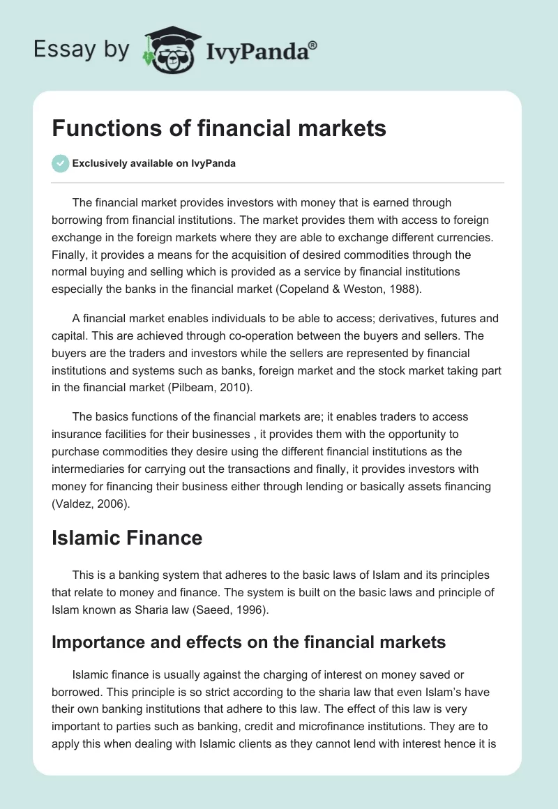 Functions of financial markets. Page 1