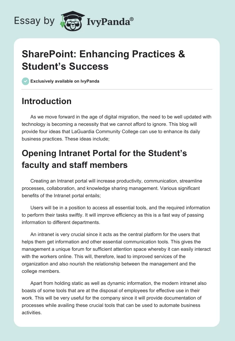 SharePoint: Enhancing Practices & Student’s Success. Page 1
