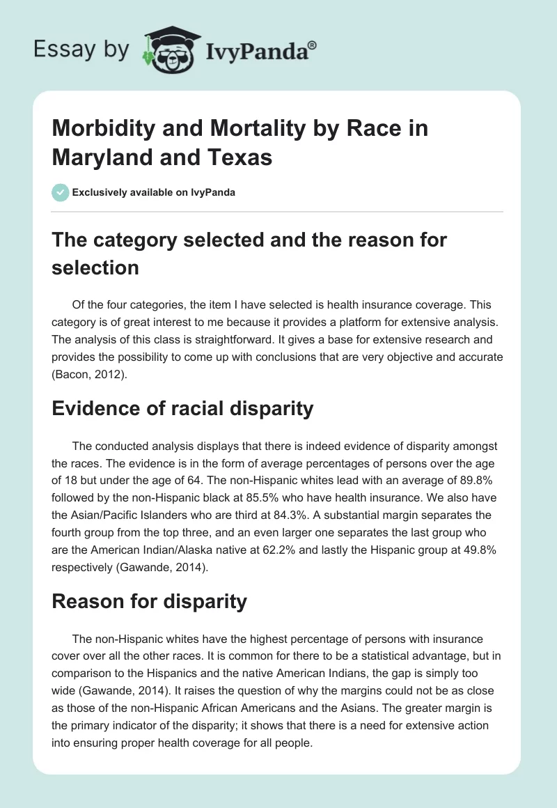 Morbidity and Mortality by Race in Maryland and Texas. Page 1