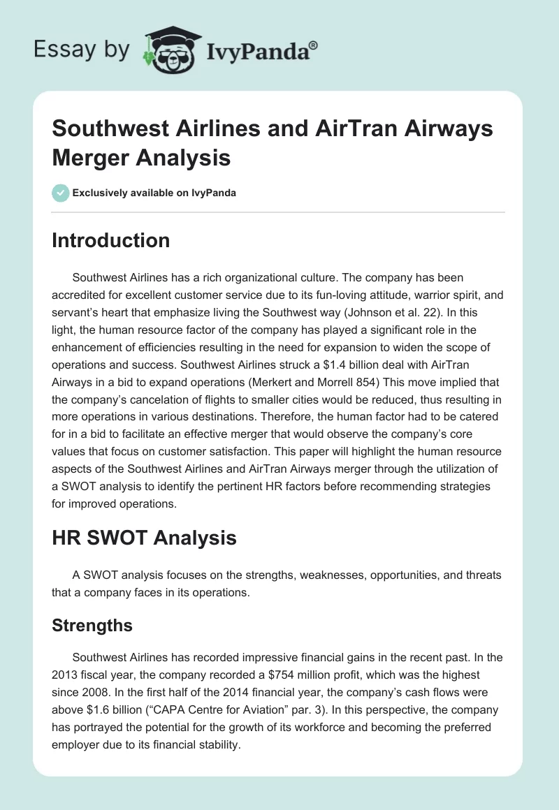 Southwest Airlines and AirTran Airways Merger Analysis. Page 1