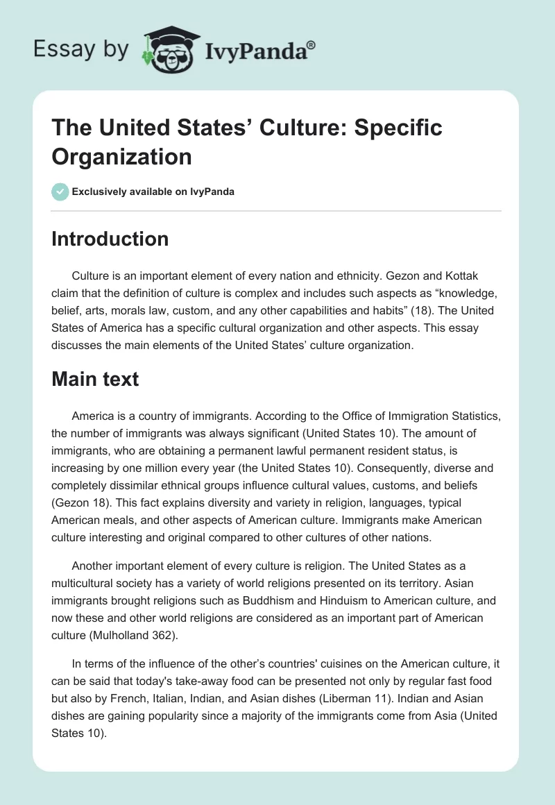The United States’ Culture: Specific Organization. Page 1