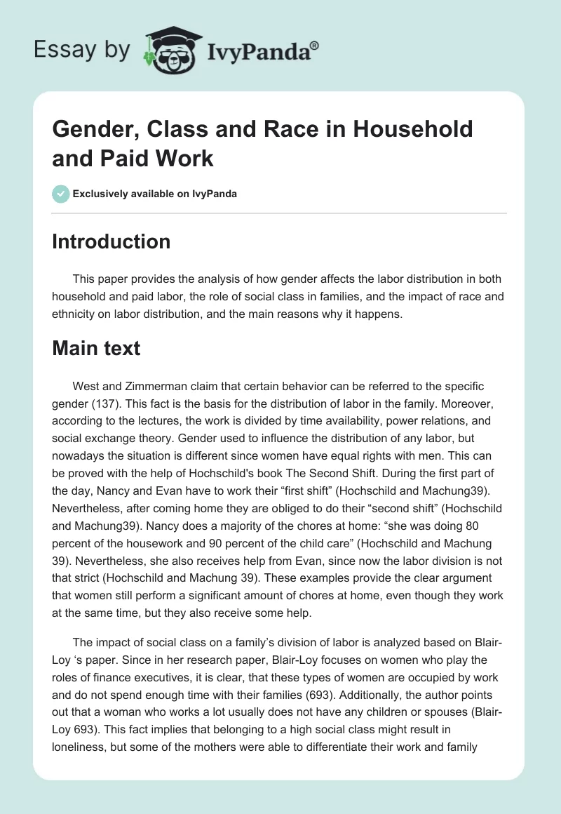 Gender, Class and Race in Household and Paid Work. Page 1