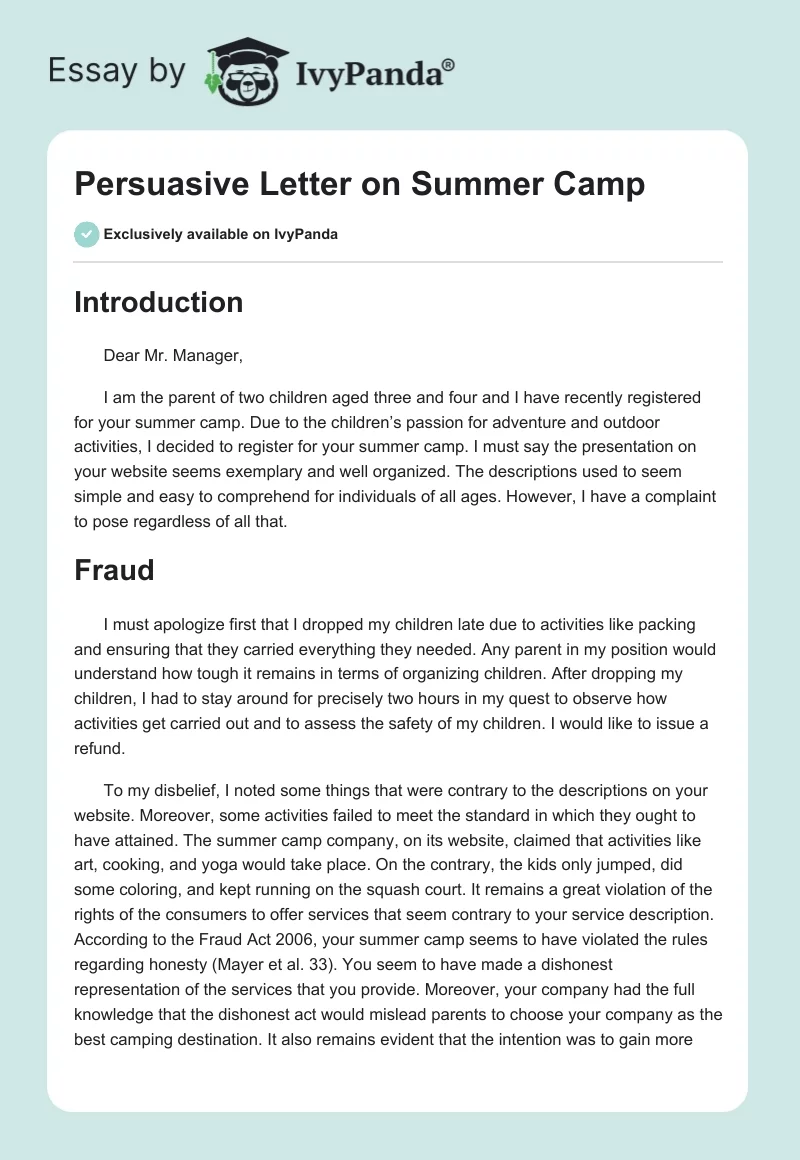 Persuasive Letter on Summer Camp. Page 1